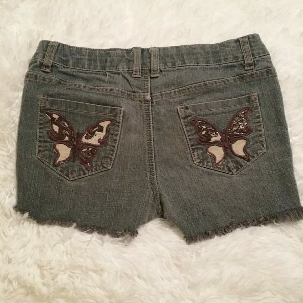 Girls' Olive Green Denim Butterfly Pocket Shorts -